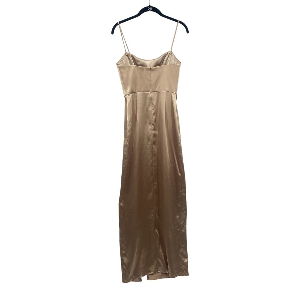 Jenny Yoo Chase Satin Formal Gown Fitted Leg Slit Champagne Gold Metallic 2 - Picture 9 of 14